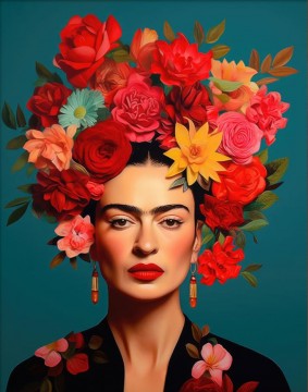  Original Art - Original Frida Kahlo Flower head portrait woman